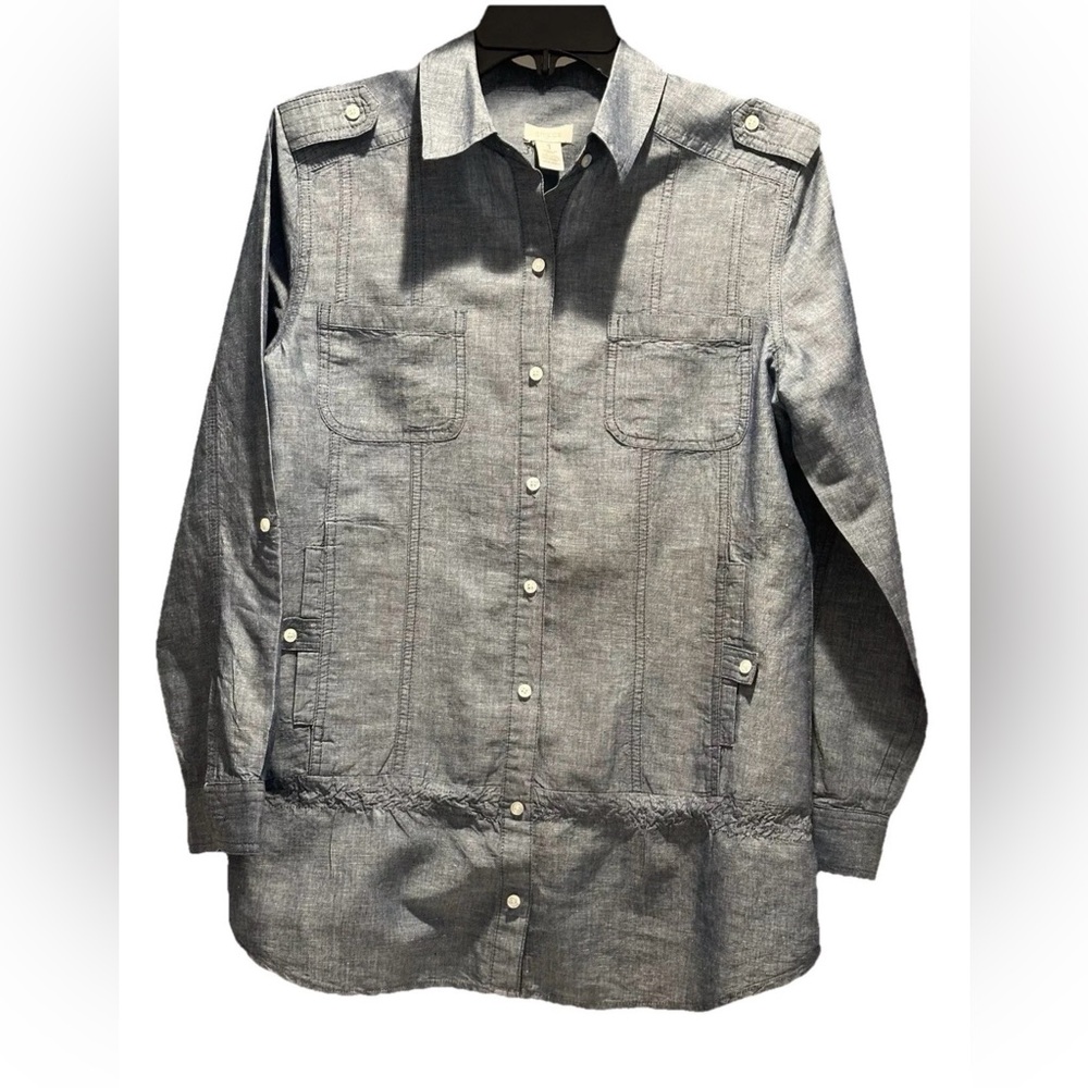 CHICO’S Linen Cotton Chambray Blue Coastal Chic Epaulets Top Size 1 US 8